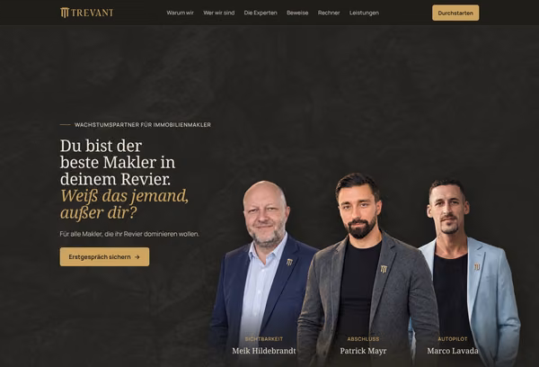 Startbildschirm der Webseite von Trevant