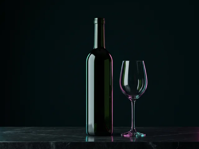 Eine elegante dunkle Weinflasche mit Glas auf dunklem Stein