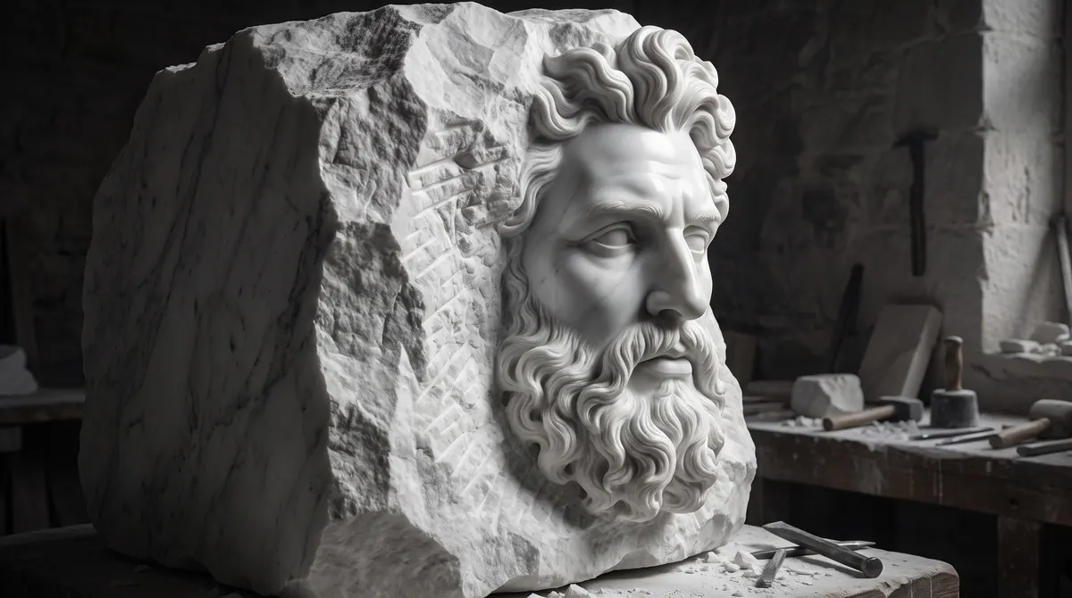 Aus dem Block tritt ein halb fertiges Gesicht hervor